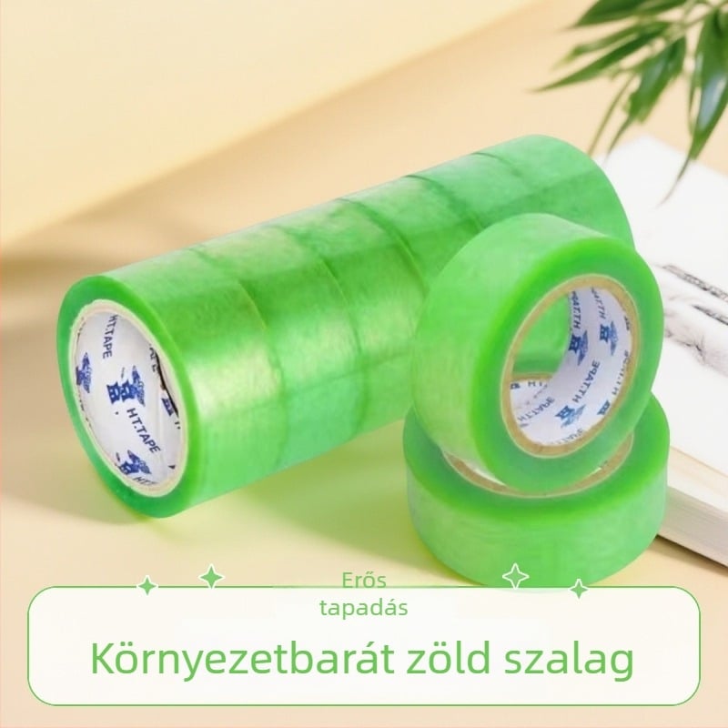 Átlátszó zöld csomagoló szalag, nagy tekercs, 5,5 cm széles, záráshoz és csomagoláshoz.
