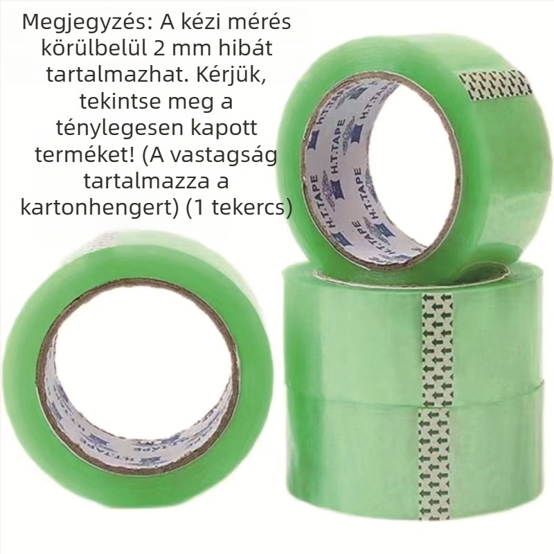 Átlátszó zöld csomagoló szalag, nagy tekercs, 5,5 cm széles, záráshoz és csomagoláshoz.