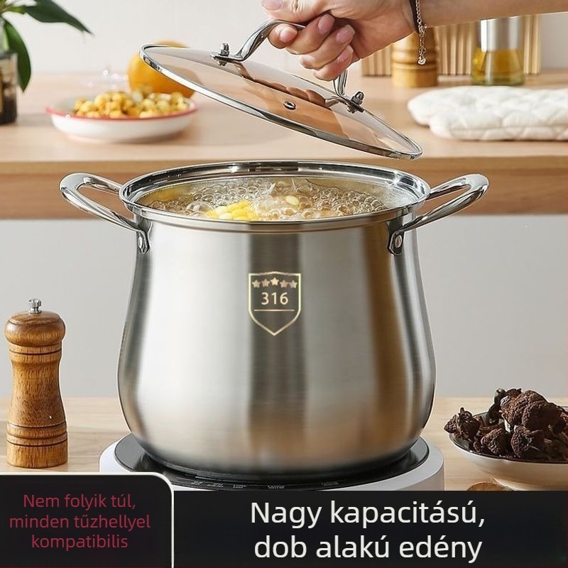 316 rozsdamentes acélból készült leveses fazék vastag aljjal, nagy kapacitású 4,1–5 L a levesekhez és gőzöléshez, kompatibilis indukciós főzőfelülettel és gáztűzzel.