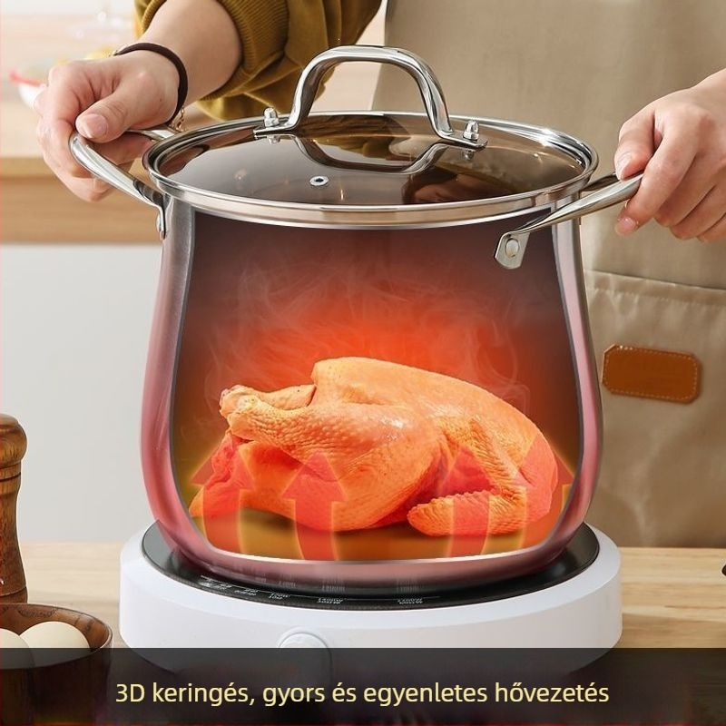 316 rozsdamentes acélból készült leveses fazék vastag aljjal, nagy kapacitású 4,1–5 L a levesekhez és gőzöléshez, kompatibilis indukciós főzőfelülettel és gáztűzzel.