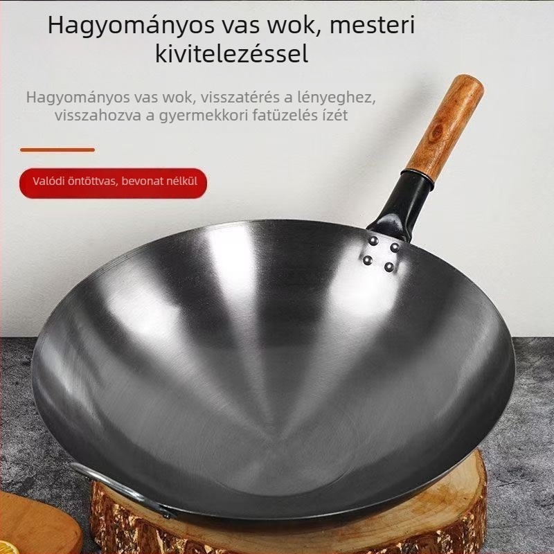 Hagyományos egyfogantyús wok kovácsolt vasból bevonat nélkül, nagy méretű, magas hőfokon történő wok-ozáshoz, kör aljzattal, gáztűzhelyhez