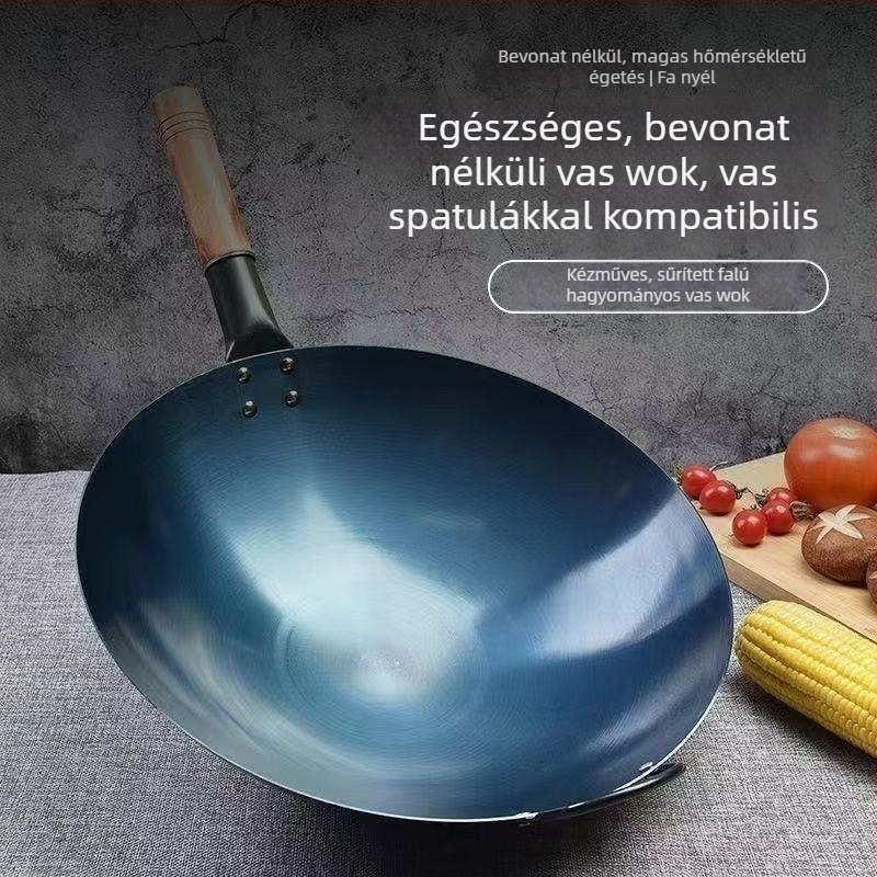 Hagyományos egyfogantyús wok kovácsolt vasból bevonat nélkül, nagy méretű, magas hőfokon történő wok-ozáshoz, kör aljzattal, gáztűzhelyhez