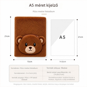 Plüss fotóalbum borító cipzárral, rajzolt kis medve, óvodai emlékalbum, testreszabható