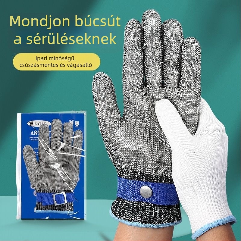 Öt ujjas védőkesztyű acélhuzallal, vágásálló, 9-es védelem, megerősített rozsdamentes acél, áthatolás elleni védelem, munka közben, halfeldolgozásra és hasításra