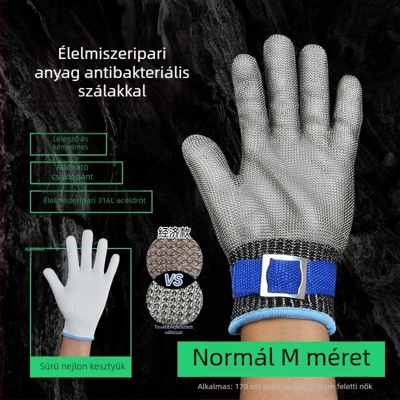 Öt ujjas védőkesztyű acélhuzallal, vágásálló, 9-es védelem, megerősített rozsdamentes acél, áthatolás elleni védelem, munka közben, halfeldolgozásra és hasításra