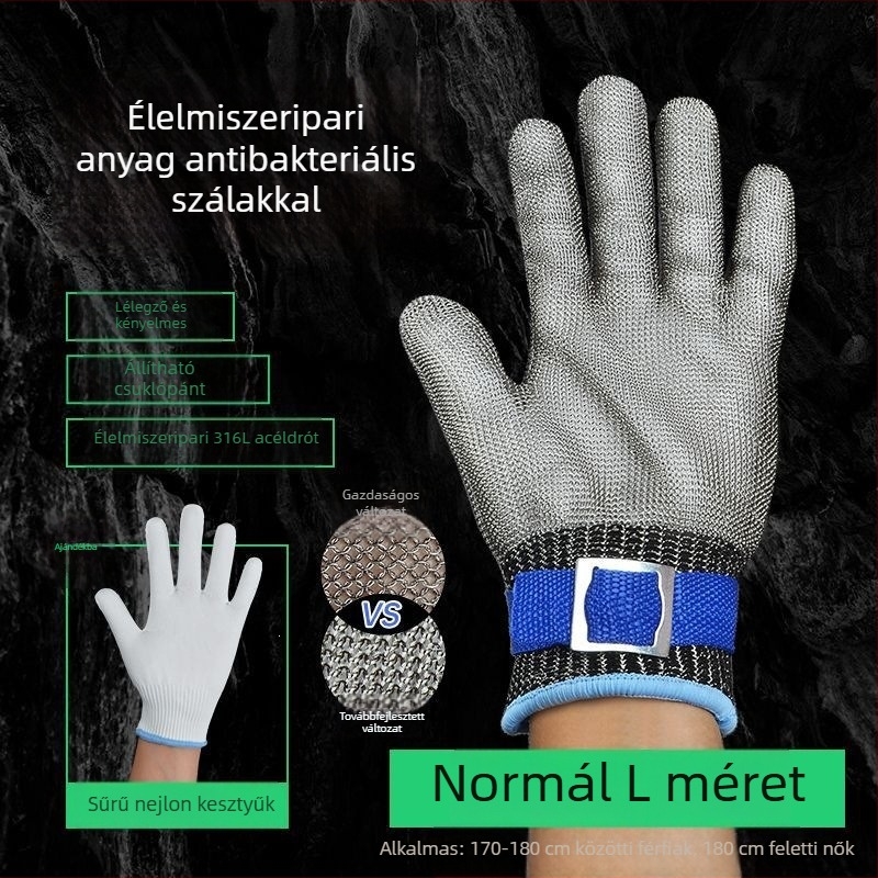 Öt ujjas védőkesztyű acélhuzallal, vágásálló, 9-es védelem, megerősített rozsdamentes acél, áthatolás elleni védelem, munka közben, halfeldolgozásra és hasításra