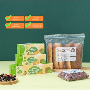 Vastagított, lezárható élelmiszertároló tasakok, áttetszőek, önzáróak, hűtőszekrényhez és snack adagolásához