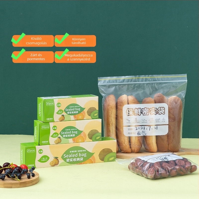 Vastagított, lezárható élelmiszertároló tasakok, áttetszőek, önzáróak, hűtőszekrényhez és snack adagolásához