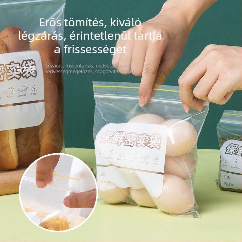Vastagított, lezárható élelmiszertároló tasakok, áttetszőek, önzáróak, hűtőszekrényhez és snack adagolásához