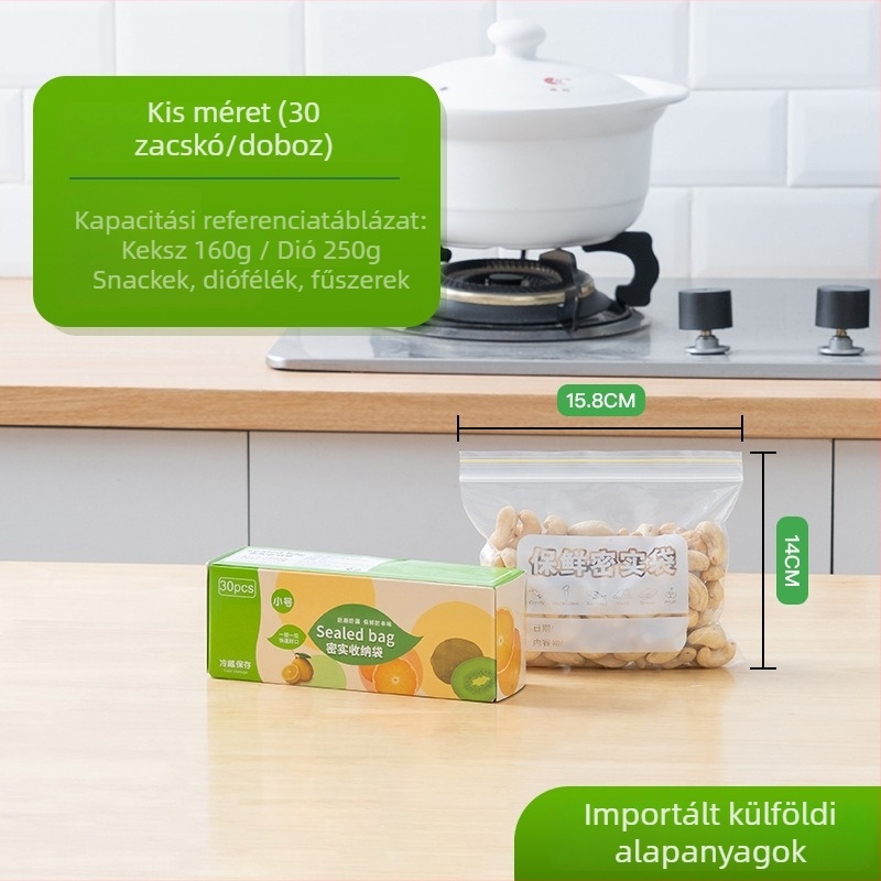 Vastagított, lezárható élelmiszertároló tasakok, áttetszőek, önzáróak, hűtőszekrényhez és snack adagolásához