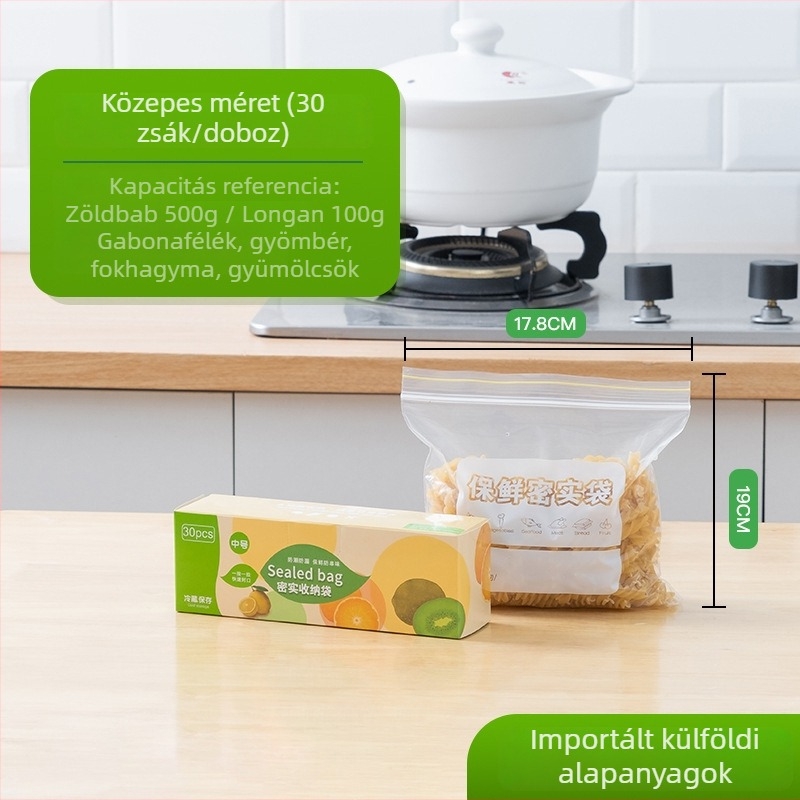 Vastagított, lezárható élelmiszertároló tasakok, áttetszőek, önzáróak, hűtőszekrényhez és snack adagolásához