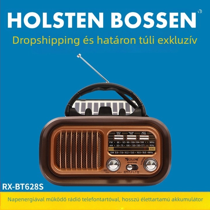 Hordozható retro Bluetooth hangszóró kártyahellyel, több interfésszel, napelemes kültéri használatra