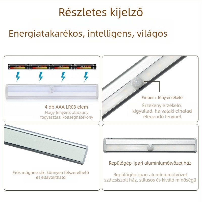 Vezeték nélküli LED mozgásérzékelős lámpa infravörös érzékelővel, szekrényvilágításhoz; közeledéskor felkapcsolódik, lépcsőházhoz és folyosókhoz
