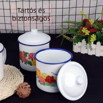 Régi stílusú zománcozott csésze fedővel, virágmotívummal és dupla boldogság dizájnnal, teásbögre
