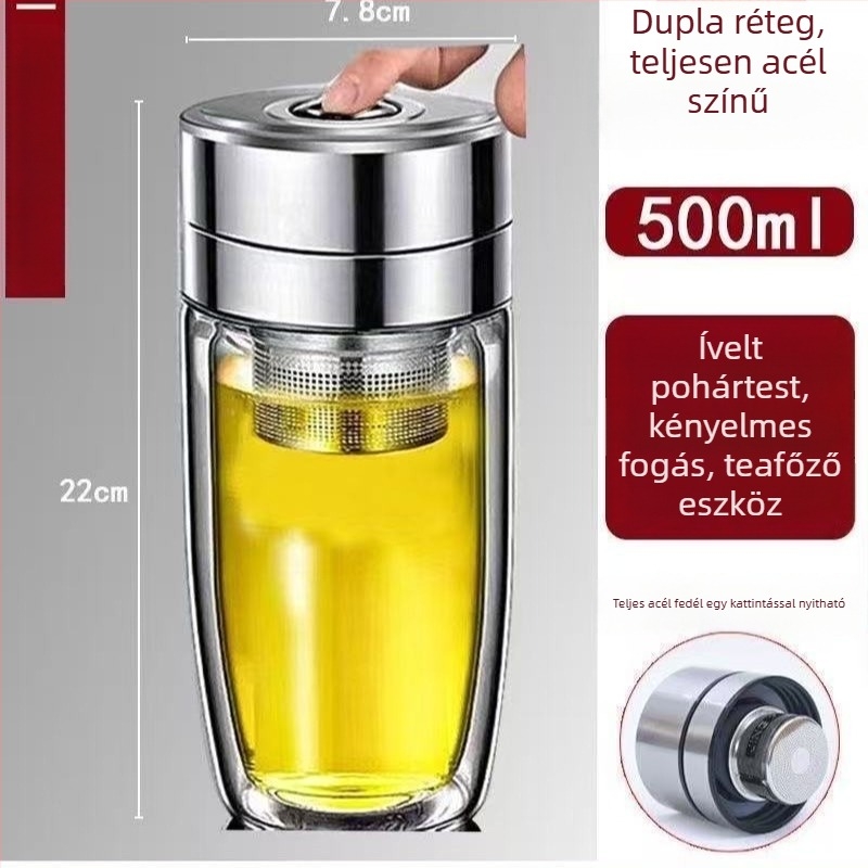 Tojás alakú bögre egy kattintásos fedéllel, dupla falú boroszilikát üveg, nagy kapacitás, hőálló