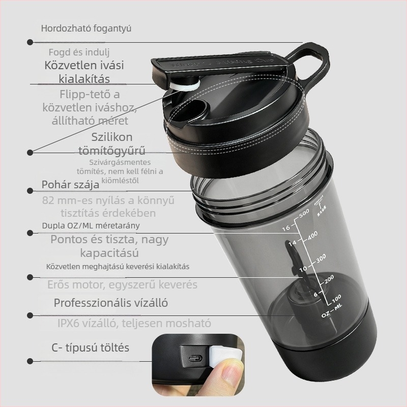 Teljesen automata keverőpohár, újratölthető hordozható sport shaker, 600 ml fehérje por keveréséhez.