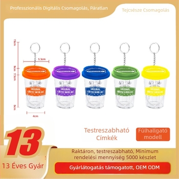 3C elektronikai csomagolás kristálydobozban: adatkábel, vezetékes fülhallgató, akasztó, tej-teás pohár, próbadoboz és hárompin töltő