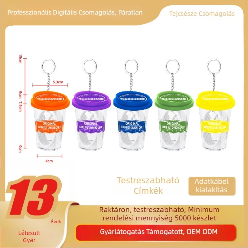 3C elektronikai csomagolás kristálydobozban: adatkábel, vezetékes fülhallgató, akasztó, tej-teás pohár, próbadoboz és hárompin töltő
