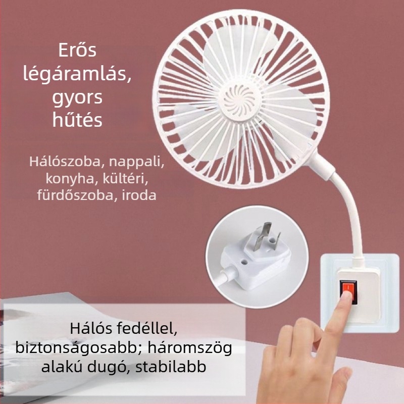 Kompakt asztali ventilátor három csatlakozóval és védőfedővel konyha és fürdőszoba számára.