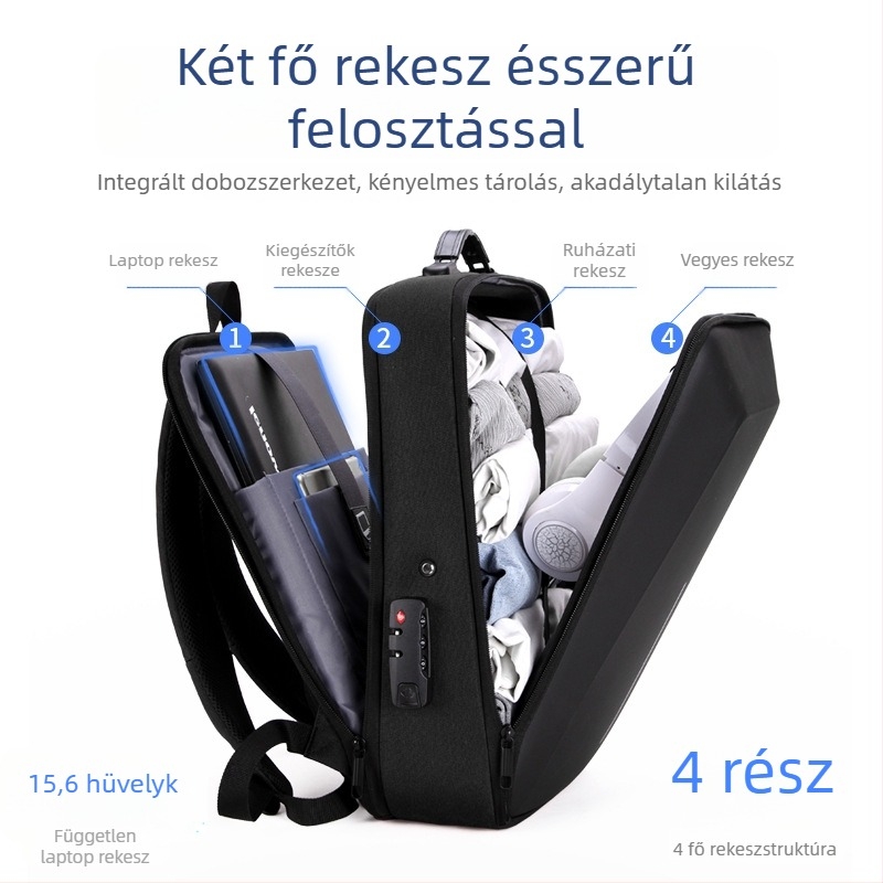 15,6 hüvelykes játéklaptop hátizsák ötvözetkerettel és merev külsővel, lopás elleni védelem