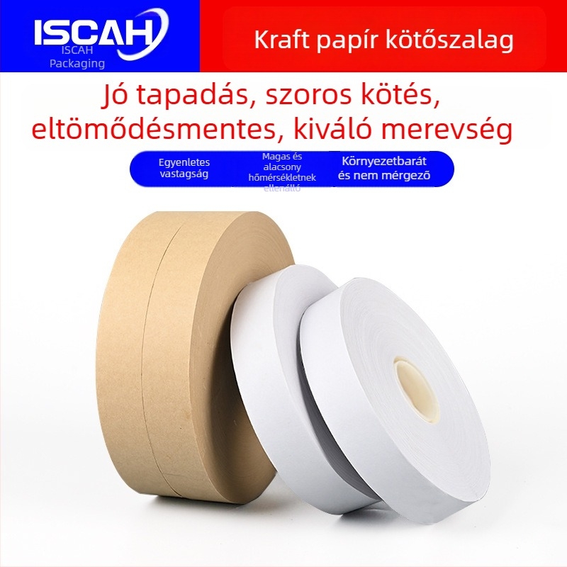 Fehér kraftpapír kötöző szalag, magas hőmérsékletű hot-melt ragasztóval, automata kötözőgépekhez, könnyen téphető, széles szélességek