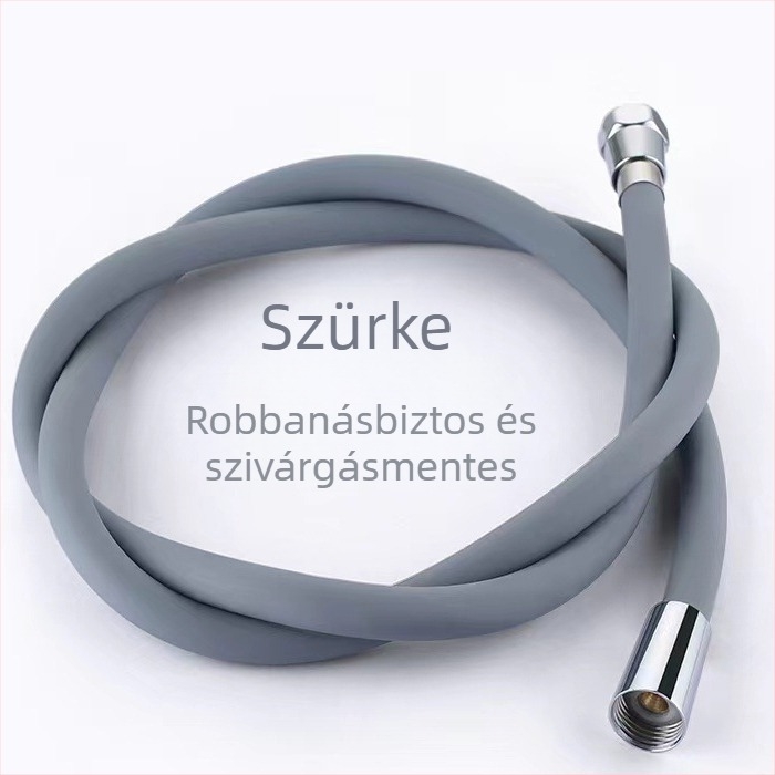 Silikon zuhanycső nagy nyomású, univerzális csatlakozóval, 1,5–2 m hosszú, nagy átmérőjű, sárgaréz fejű végződés, fürdőszobai fűtőtest kimeneti cső