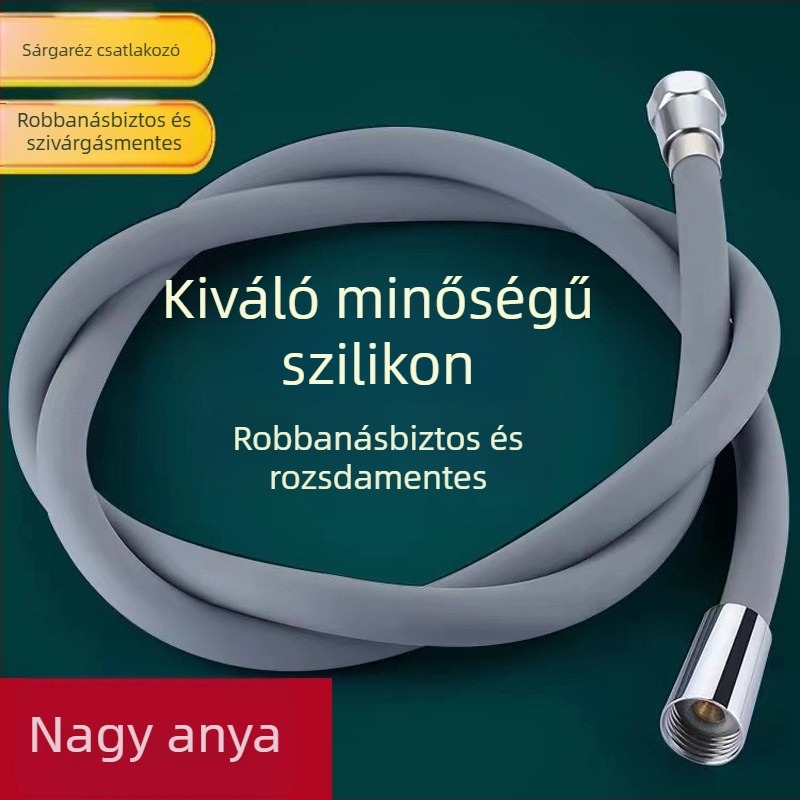 Silikon zuhanycső nagy nyomású, univerzális csatlakozóval, 1,5–2 m hosszú, nagy átmérőjű, sárgaréz fejű végződés, fürdőszobai fűtőtest kimeneti cső