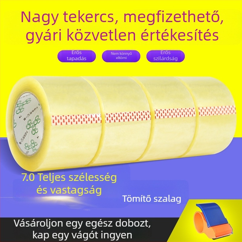 7 cm szélességű csomagoló szalag kartonok zárásához, áttetsző, BOPP ffilm, erős tapadás, hossz 110–300 m