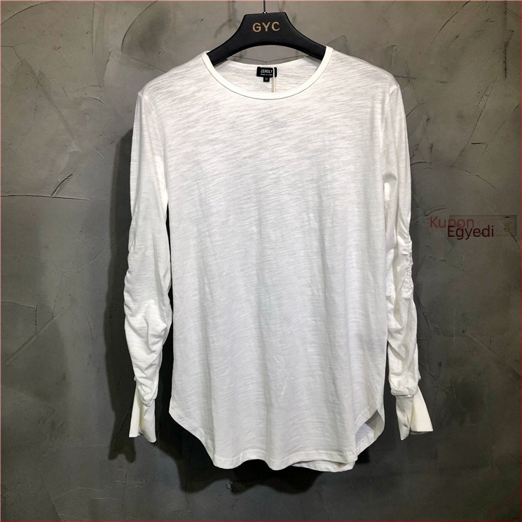 Férfiaknak szóló sötét retro mosott pliszírozott hosszú ujjú póló, laza szabás, streetwear