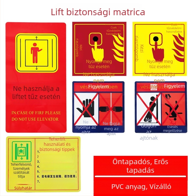 Liftbiztonsági jel: Ne támaszkodjon az ajtóhoz; Ne tolja az ajtót; Ujjai becsípésének veszélye. Öntapadós címke.