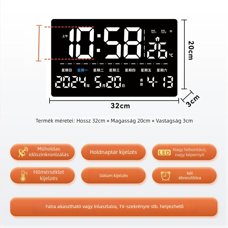 GPS falióra, nagy kijelzős, örök naptár, digitális ébresztőóra és hőmérséklet kijelző