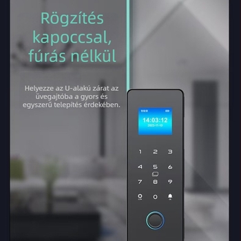 Üvegajtó okoszár, ujjlenyomat- és jelszóval, furatmentes telepítés, keretes vagy keret nélküli, egy- vagy kétnyílású ajtókhoz