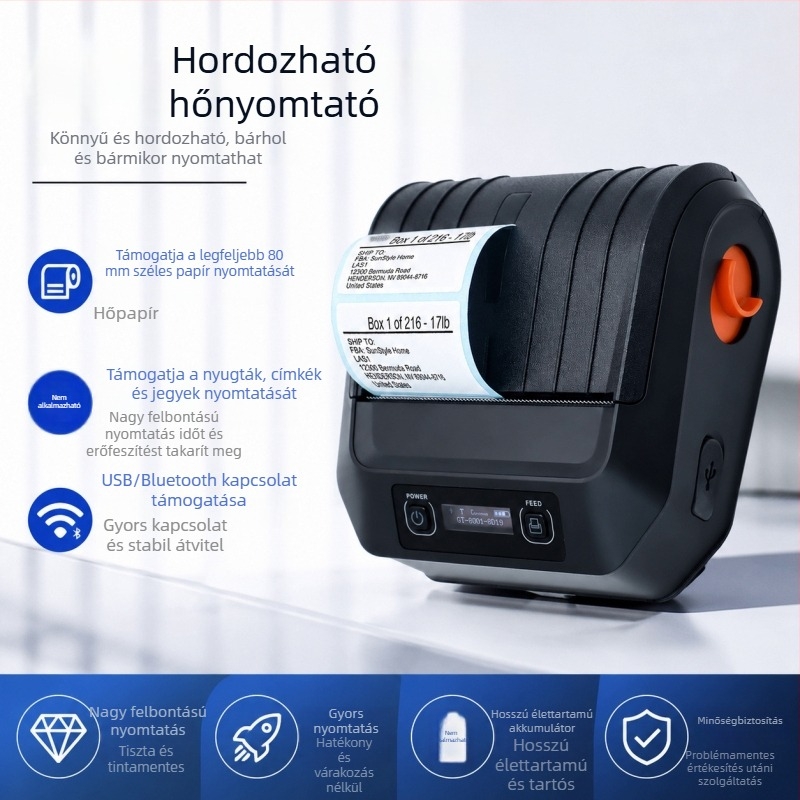 Bluetooth hőnyomtató címkékhez 80 mm – hordozható címkenyomtató logisztikához és expressz szállításhoz
