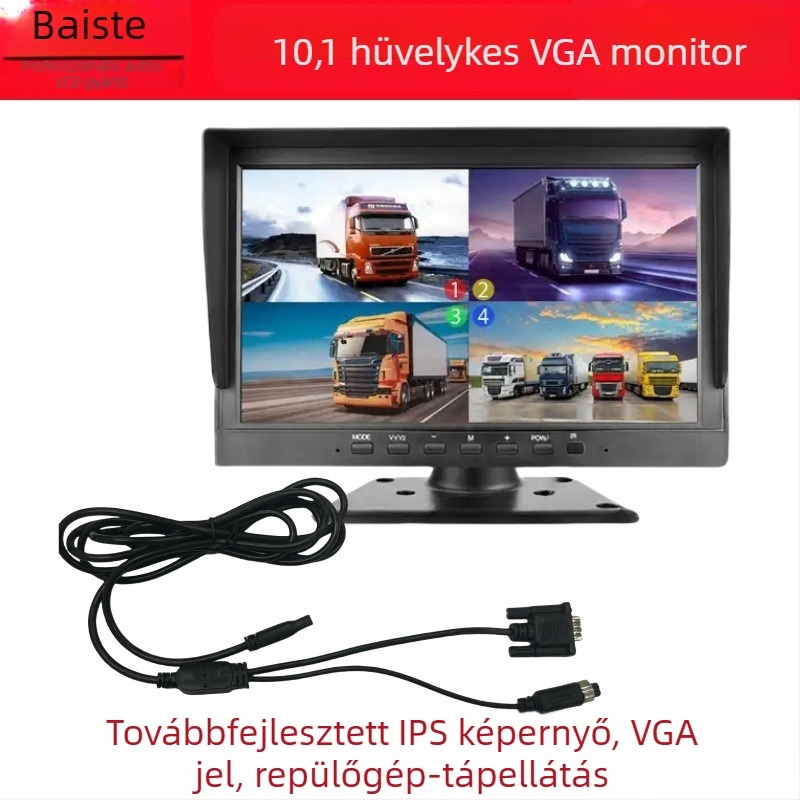 Universális 10,1 hüvelykes autómonitor VGA CCTV-kijelzővel és hátrameneti kamera kompatibilitással