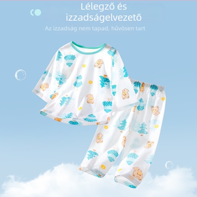 Nyári gyerekeknek készült, légáteresztő pamut pizsama szett, hosszú ujjú felső és hosszú nadrág, uniszex