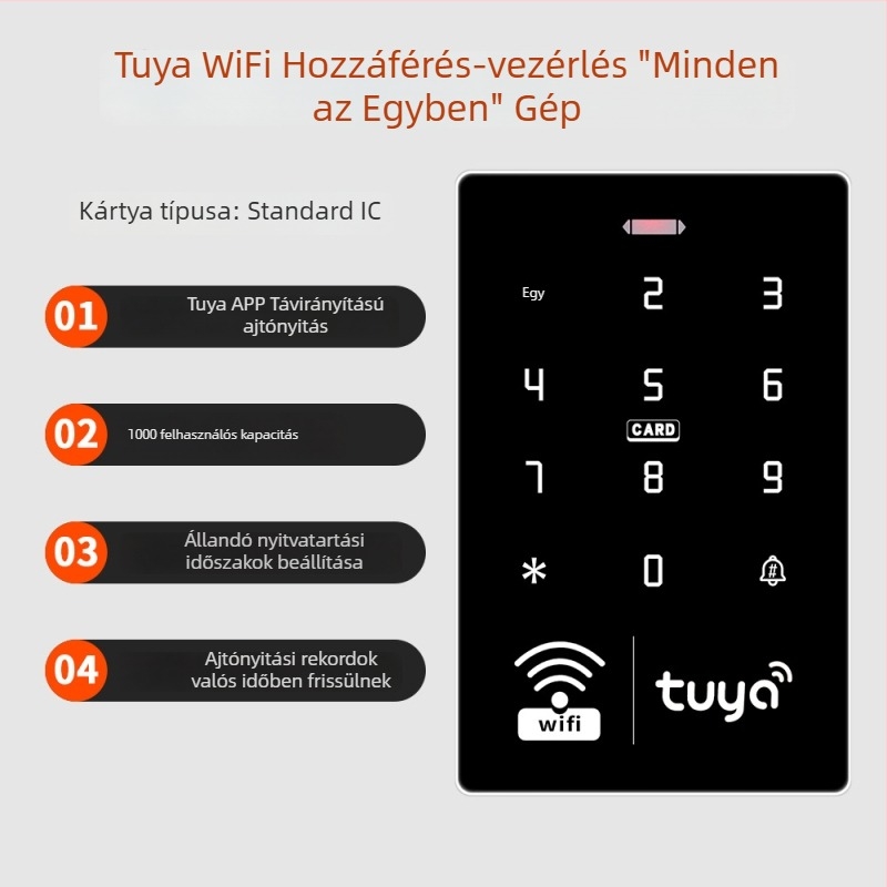 Üvegajtóhoz tervezett hozzáférés-ellenőrző rendszer mobilalkalmazással, távoli feloldással, RFID-kártya és jelszó