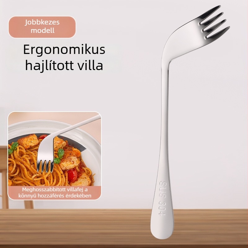 304 rozsdamentes acél villa és kanál hemiplegiás idősek számára, íves/felkönyökölt tervezés az etetéshez, rezgéscsillapító, vastagabb etetőkanál otthoni használatra
