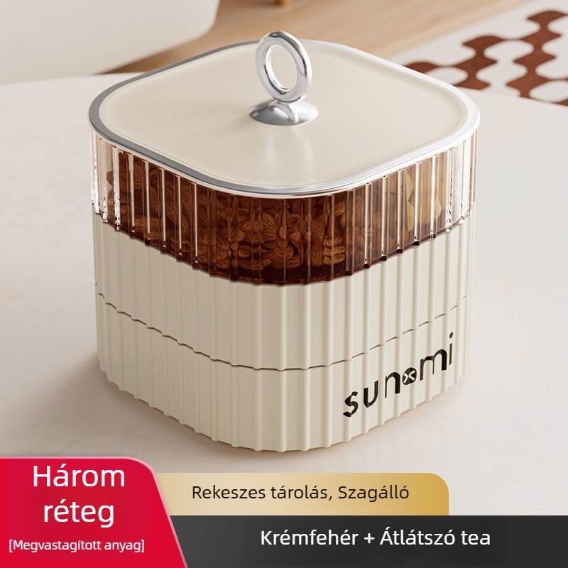Krém színű, többemeletes gyümölcs- és diótál, skandináv retro stílus, könnyed luxus, dekoratív és praktikus tároló