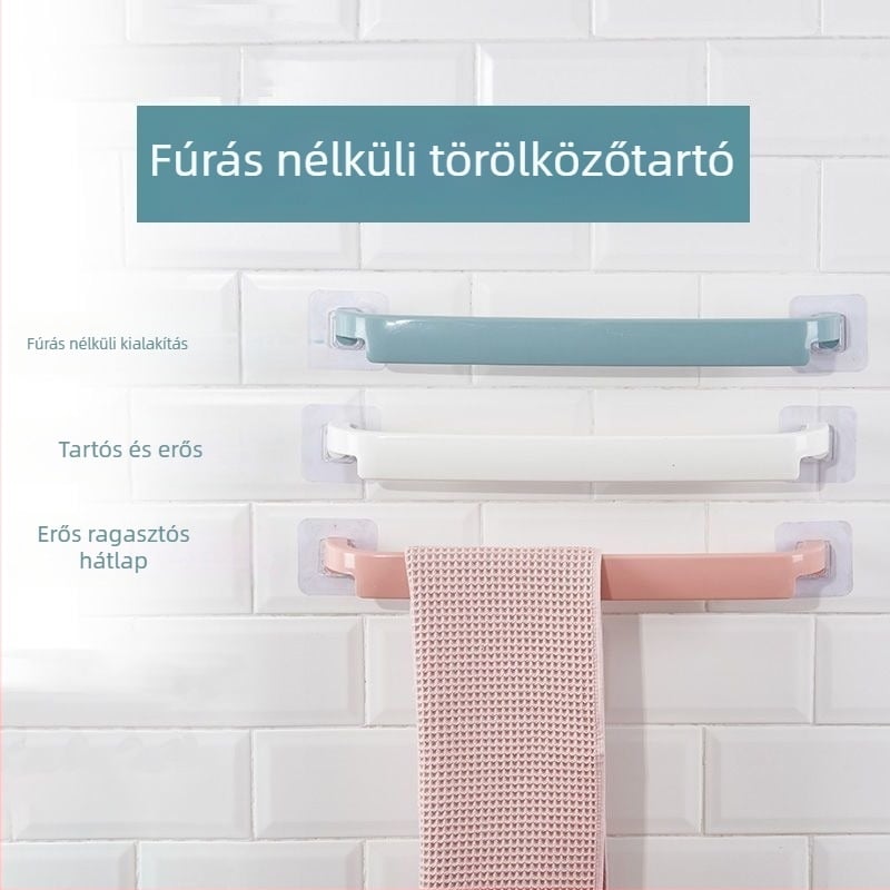 Fali törölközőtartó fúrás nélkül, fürdőszobai akasztó, nagy törölközőrúddal