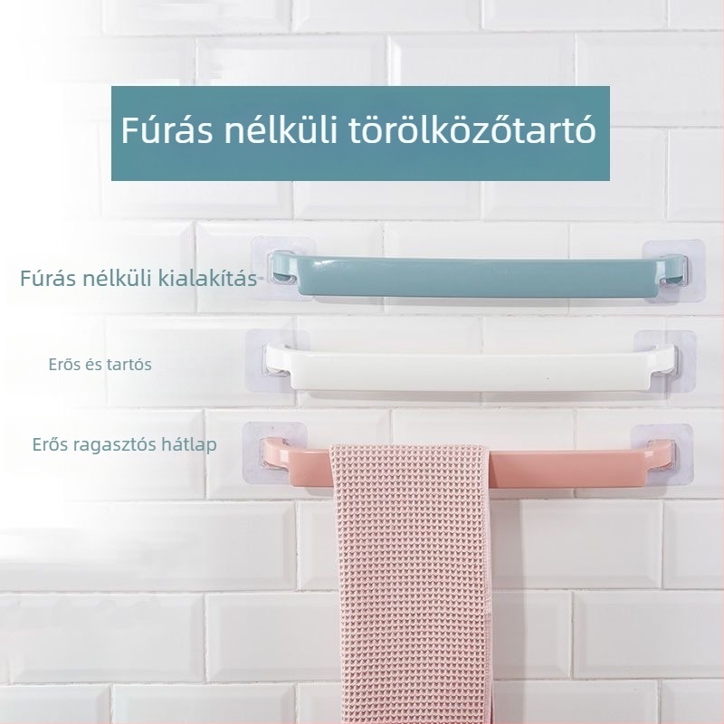 Fali törölközőtartó fúrás nélkül, fürdőszobai akasztó, nagy törölközőrúddal