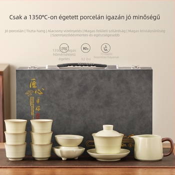 Beige Ge ware kerámia teáskészlet forgófülű teáskannával, fedőkkel, tálakkal és csészékkel ajándékdobozban, teljes készlet vállalati ajándékhoz