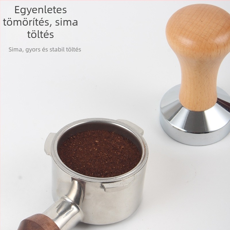 Kávétamper fa nyéllel és fém fejjel, 51mm/58mm töltő készlet