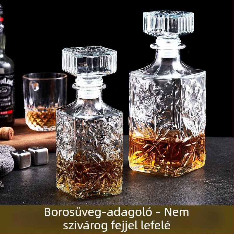 Kristályüvegű dekanter fedővel borhoz és whiskyhez