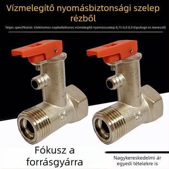 Réz biztonsági szelep vízmelegítőhöz, 1/2 hüvelykes csatlakozással, nyomáscsökkentő és leeresztő szelep elektromos és napenergia vízmelegítőkhöz