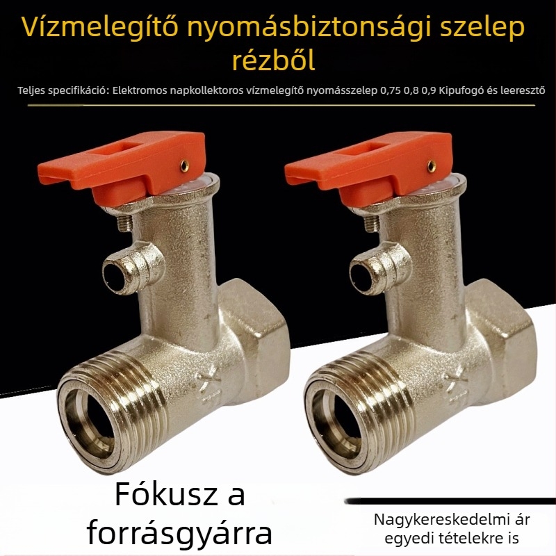 Réz biztonsági szelep vízmelegítőhöz, 1/2 hüvelykes csatlakozással, nyomáscsökkentő és leeresztő szelep elektromos és napenergia vízmelegítőkhöz