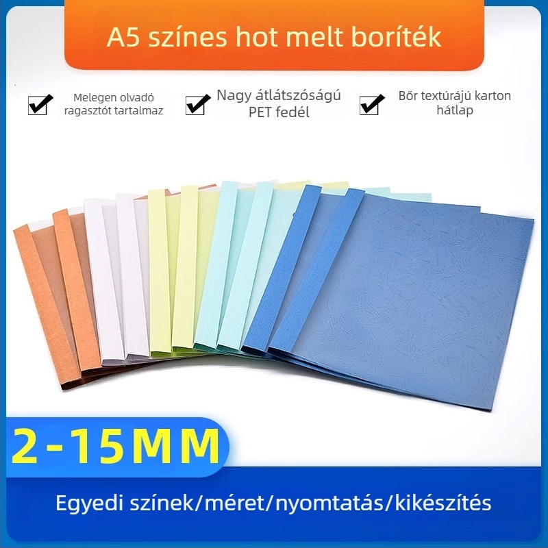 A5 hőragasztó boríték dokumentumokhoz, fehér belső, átlátszó külső, 2–15 mm vastagságig, könyvbe kötve