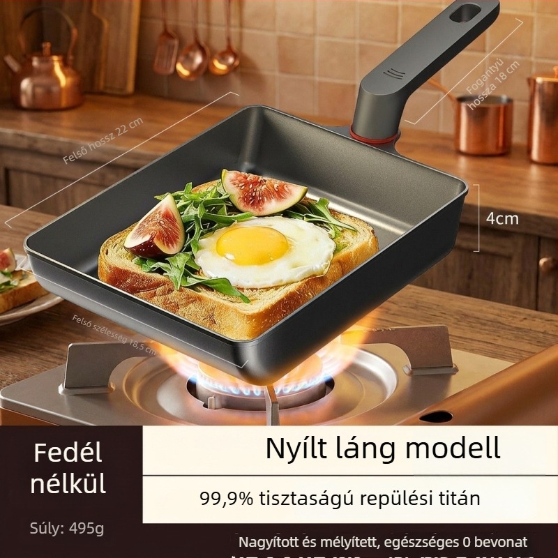 Titánium Tamagoyaki serpenyő, vastagabbra és szélesebb, fluormentes, háromrétegű alappal, gáztűzhelyen és indukción is használható