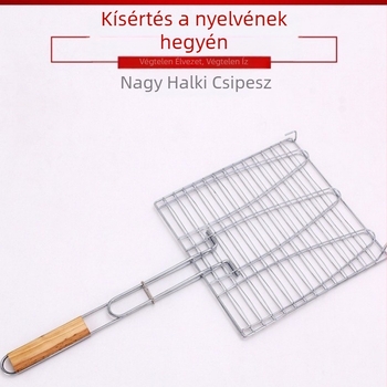 Nagy rozsdamentes acélból készült halas grillfogó és vastag grillháló, háztartási használatra