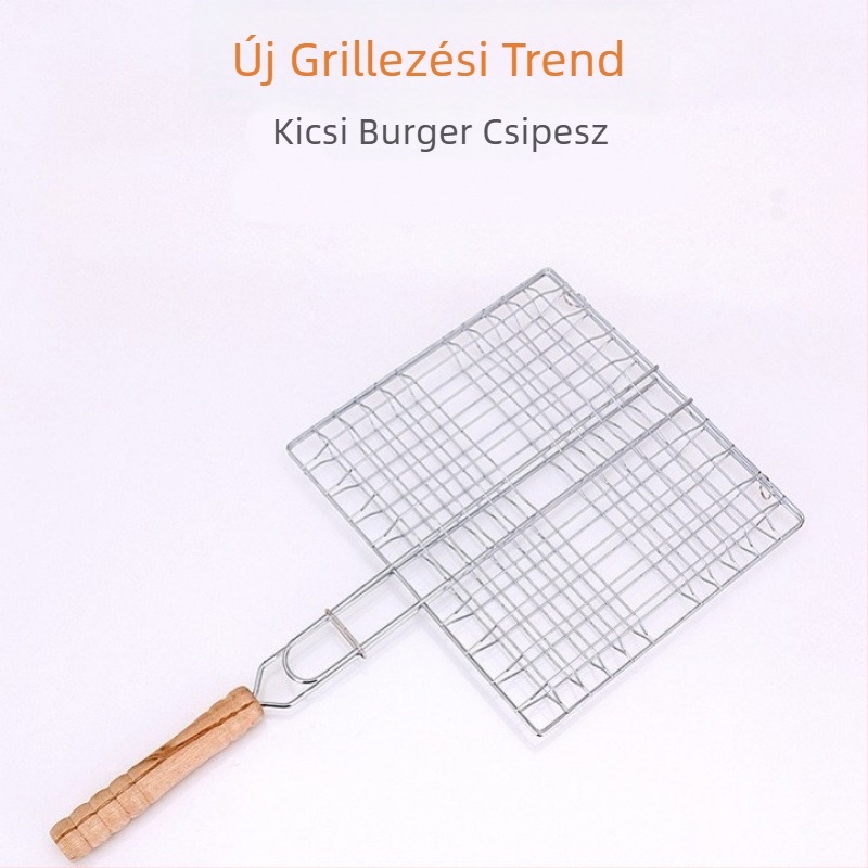 Nagy rozsdamentes acélból készült halas grillfogó és vastag grillháló, háztartási használatra