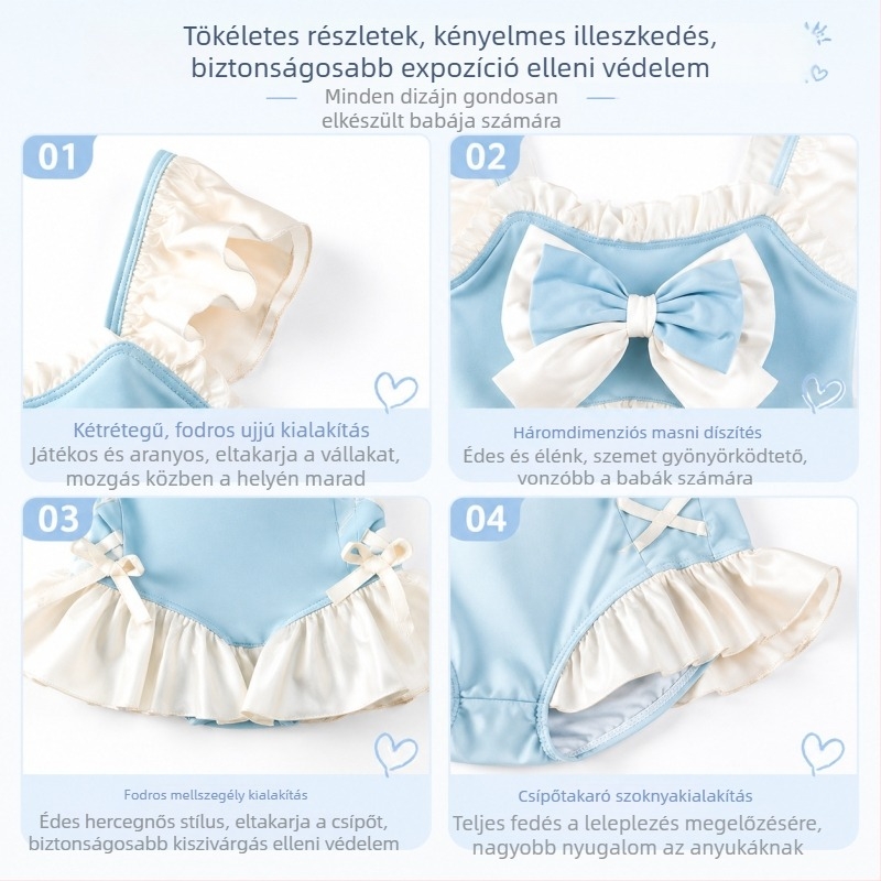 Lányoknak szóló hercegnő-stílusú egyrészes fürdőruha kék-fehér, fodrokkal és masnival, diszkrét fedés, 2–12 éveseknek